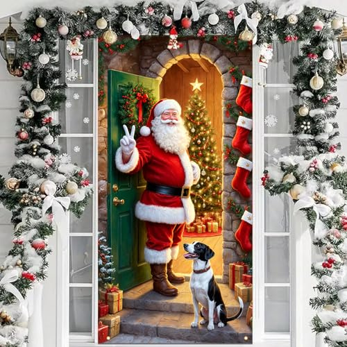 FOSDICK Decoración de Cubierta de Puerta de Navidad, Decoración Navideña para Puerta Cubierta y Principal con Motivo de Papá Noel en Tela 180 x 90 cm, para Festival Fiesta Adorno