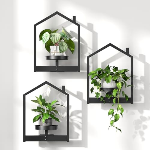 HOOBRO Support Plantes Intérieur, Étagère Plante Murale avec Soucoupe Amovible, Support Métallique en Forme de Petite Maison, pour Décoration Intérieure/Extérieur Abrité, Noir EBK08HJP301