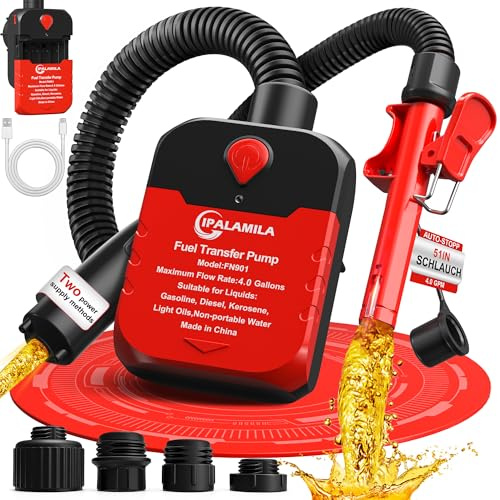 Automatic Fuel Transfer Pump with Auto-Stop,4.0 GPM per minute,Battery or USB Powered Transfer Pump,51'' Hose 4 Can Adapters Fast and Safe Portable Power Battery Fuel Pump for Oil, Diesel,Gasoline.
