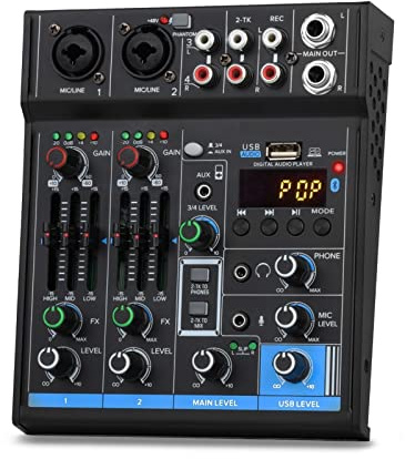 Mischpult, 4-Kanal-Bluetooth-Mini-Mixer Soundkarte DJ 16 digitale Effekte Rauschunterdrückung Konsole USB-Aufnahme for Singen