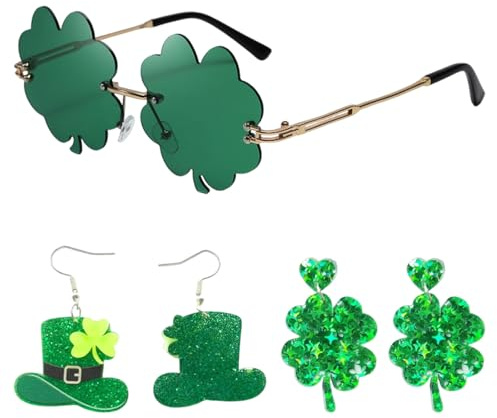 RgitFzi 3-Teiliges St Patricks Day Accessoires Set, Karneval Brille und Hänger, Kleeblatt Kostüm Zubehör für Damen, Funkelnde Ohrringe Grün für Irische Festival Partys und Feiern Tropfenohrringe