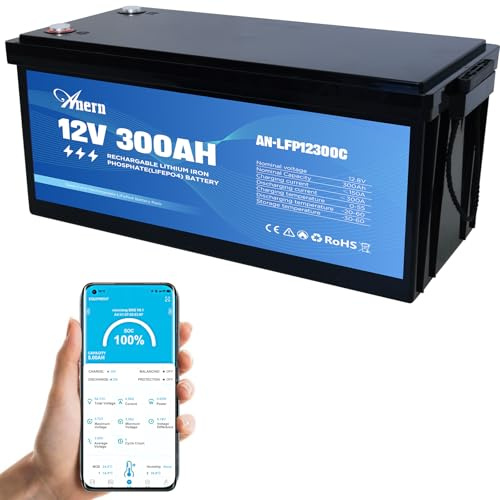 Anern 12V 300Ah LiFePO4 Batterie Deep Cycle Lithium Batterie 300A BMS, 3840Wh Bluetooth Lithium Akku bis zu 15000 Zyklen, perfekt für Wohnmobile, Solar, Boot, Camping,Off-Grid-Systeme