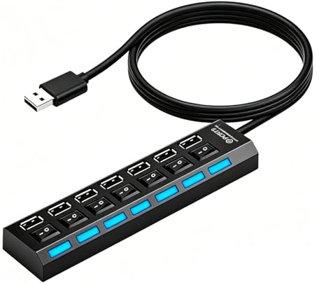 Hub USB 2.0 7 en 1, Hub USB con interruptores Independientes Cable de 50 cm, Adaptador múltiple PC portátil, conexión rápida Velocidad Mouse Teclado Discos Duros memorias impresoras lectores Tarjetas