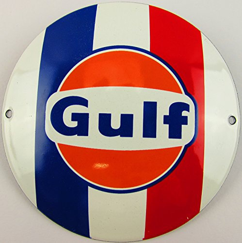 Neues Emaille Schild Gulf Red/Blue 12cm Rund, Classic Werbeschild Reklameschild 50er Jahre Life Style Retro Fifties