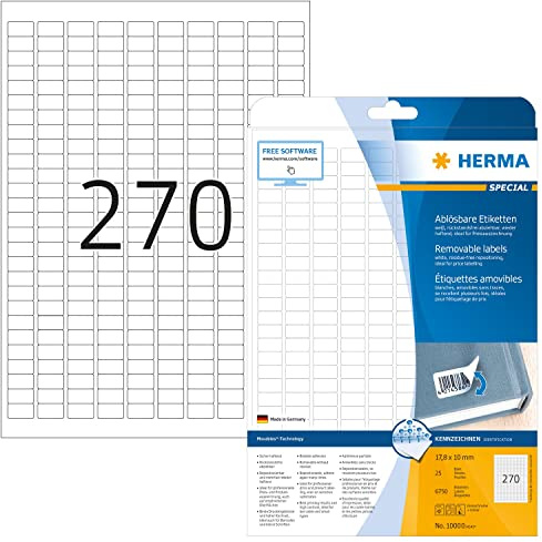 HERMA 10000 Universal Etiketten ablösbar, 800 Blatt, 17,8 x 10 mm, 270 pro A4 Bogen, 216000 Stück, selbstklebend, bedruckbar, matt, blanko Papier Klebeetiketten Aufkleber, weiß