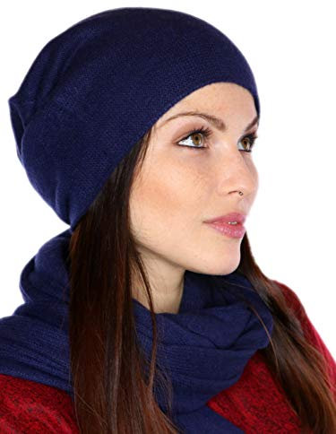 Prettystern Damen weich warm Kaschmir Cashmere Beanie Mütze Dunkel-blau