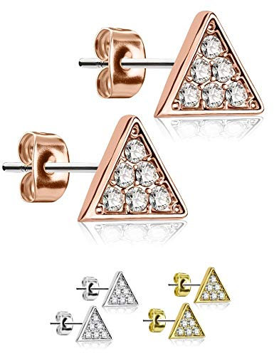 Treuheld® | OHRSTECKER mit DREIECKEN und KRISTALLEN - Edelstahl Ohrringe mit Kristall-Steinen - eckig - SILBER, GOLD, ROSEGOLD - silberne & rose-goldene Stecker mit Zirkonia - [03.] - rosegold