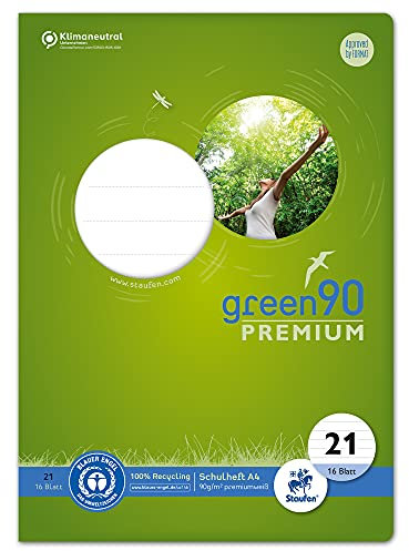 Staufen Green Heft - DIN A4, Lineatur 21 (9mm liniert), 16 Blatt, premiumweißes 90g/m² Recyclingpapier, runde Ecken verhindern „Eselsohren“, 4 verschiedene Motive (keine Auswahl möglich), 1 Stück