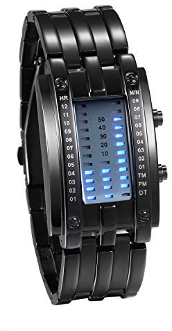 JewelryWe Paar Uhren Digitaluhr Schwarz Edelstahl Binäre Uhr Rechteck Bezel LED Sportuhr Blau LED Licht Kalender Mode Cool Partner Armbanduhr für Herren