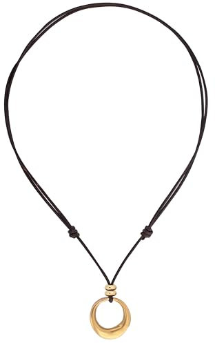 Beau Soleil Jewelry Schmuck Halskette Lederkette längenverstellbar für Damen mit massivem Ring Anhänger | (Gold)