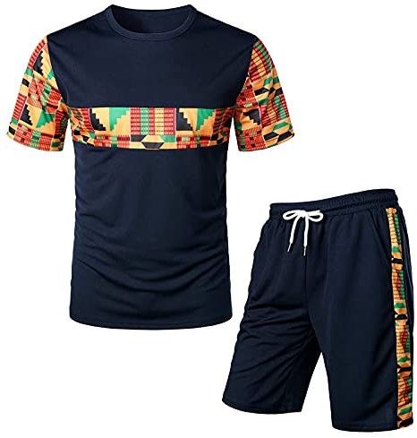 Ni_ka Ensemble Survetement Homme Taille Elastique Vetement Africain Imprimé DéContractéE Sports Jogging T-Shirt à Manches Courtes Ensembles Short Et Shorts Ete Noir Gris S 2XL, Marine, Ni_kasuit44579