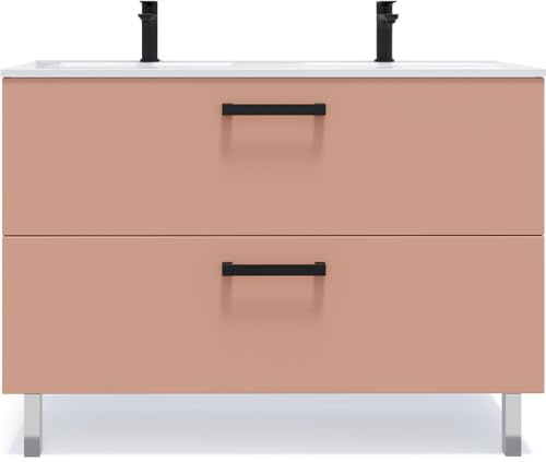 HOMIFAB Meuble de Salle de Bain Suspendu avec Pieds Double Vasque intégrée 120cm 2 tiroirs Abricot - Chelsea