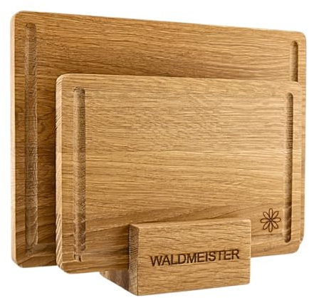 Waldmeister Schneidebrett 2er Set aus massiver Eiche (33x24/26x18cm) - Eichenbrett mit Saftrille - Holzbrettset mit passender Halterung - perfekt für deine Küche