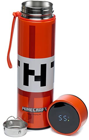 Puckator Minecraft - Stainless Steel Water Bottle with Led Temperature Display - Cold for 24h and Hot for 6h - Metal Water Bottles with TNT - Modern Thermos Flask - Bpa Free - 450 ml