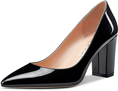 Aachcol Damen-Pumps mit spitzem Zehenbereich, Schlupfschuh, mittelhoher Absatz, für Büro, klobige Blockabsätze, 7,6 cm, schwarzer lack, 41 EU