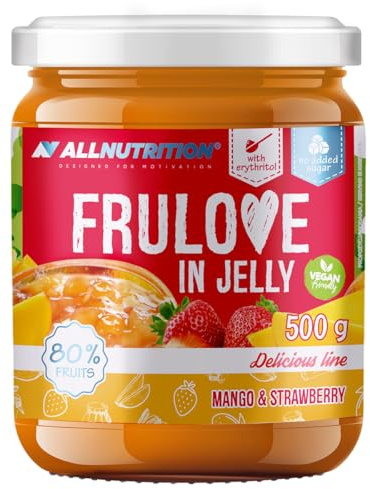 ALLNUTRITION Sugar Free Jam - Frulove In Jelly Mango & Strawberry - Seriously Low Carb Fruits in Jelly - 80% Fruit Jelly Low Calorie Spread - Sugar Free Marmalade - Vegan Friendly - 500g