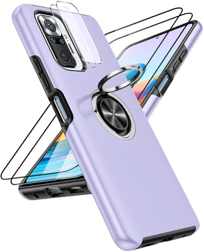 LeYi Funda para Xiaomi Redmi Note 10 Pro/Note 10 Pro MAX con 2× Protector de Lente de Cámara,2× Cristal Templado, Armor Carcasa con 360 Grados Metálico Anillo Hard PC Silicona Antigolpes Case, Púrpura