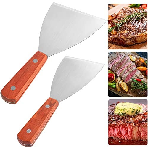 THATSRAD 2 Pezzi Spatola per Barbecue Acciaio Inox Spatola per Griglia Spatola Manico in Legno Spatola Triangolare Professionale Accessori per Griglia per Grigliare Carne Hamburger Barbecue Teppanyaki