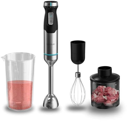 Cecotec Mixeur à Main Power Pulsar 2300MAX Cream&Crush. Puissance Maximale de 2300W, Lames 4 Feuilles avec Revêtement en Titane Noir, Pied XL, Verre 700ml avec Couvercle, Hachoir et Fouet Montaclaras