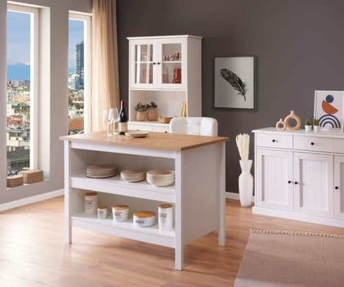 Inter Link - Kücheninsel - Mittelinsel - Arbeitsplatte - Küchenschrank mit Regalen - Melaminbeschichtet - Länge 124cm - Höhe 82 cm - Tiefe 75 cm - Julina - Weiß/Eiche Artisan