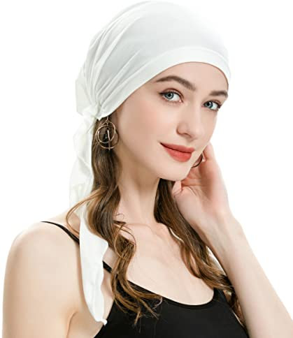 ZLYC Damen Chemo Turban Mütze Vorgebundenes Kopftuch Headwraps Leichte Hut(Einfarbig Weiß)