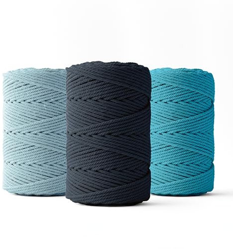 LEDENT Makramee Garn (2mm, 3 x 70M, Set mit 3 Farben: dunkelblau, hellblau & türkis) - Doppelt gedrehtes Seil aus 100% Recycelter Baumwolle zum Basteln