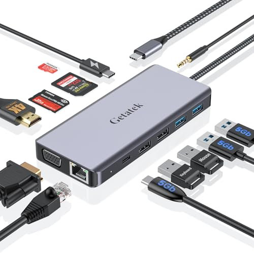 Docking station con HDMI 4K, porta dati USB A 3.0 e porta USB C 5 Gbps, VGA, ricarica PD da 100 W, Ethernet, lettore di schede SD/TF/MS e audio da 3,5 mm per MacBook, Acer, laptop, Surface e altro