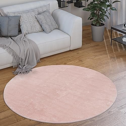 Paco Home Waschbarer Teppich Rund Wohnzimmer Kurzflor rutschfest Modern Flauschig Einfarbiges Muster, Grösse:80 cm Rund, Farbe:Rosa