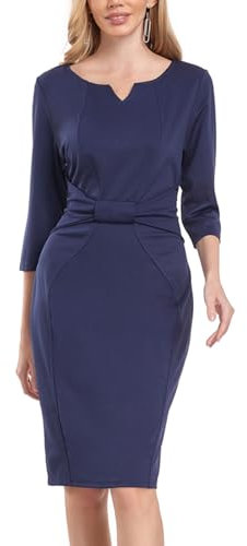 MINTLIMIT Women Sheath Dress Notch V Neck 3/4 Sleeve Bow Waist Wear to Work Pencil Dresses