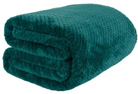 Dreamscene Sofa Throw Blanket, Soft Cosy Warm Honeycomb Waffle Blanket for Bed Lightweight Fleece Throw Fluffy Faux Fur Double Bed Throws, Teal Blue - 150 x 200cm