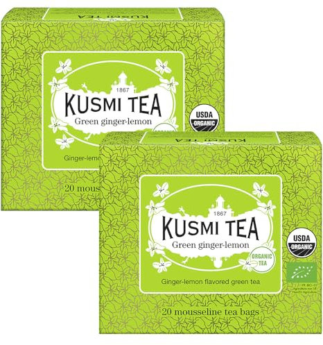 Kusmi Tea - Thé Vert Gingembre Citron Bio - Lot de 2 boîtes - Mélange Biologique de Thé Vert au Gingembre et au Citron - À Déguster Chaud ou en Thé Glacé - 2x20 Sachets de Thé