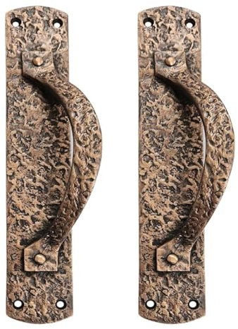 Adonai Hardware 9 Inch Luhith Heavy Duty Antique Cast Iron Decorative Door and Cabinet Pull with Plate (2, Antique Copper) for Vintage Sliding French Wooden Barn Doors, Gates, Fences, Farmhouse
