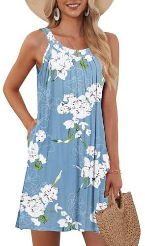 AUSELILY Dresses for Women UK Beach Cover Up Tank Dress Casual Vacation Short Summer Halter Dresses with Pockets Floral Light Blue S