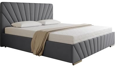 PANDA MÖBEL Polsterbett 180x200 cm - RAY Kollektion - Modern Doppelbett mit hochwertiger Taschenfederkernmatratze Pocket - Polsterbett mit Bettkasten für Schlafzimmer - Grau