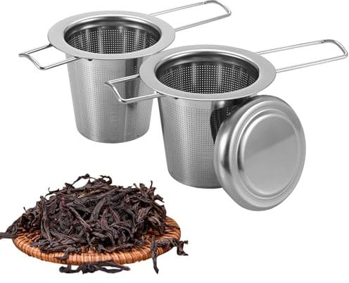 2 Stück Teesieb für Losen Tee, Teesieb für Tasse, Teefilter Edelstahl mit Klappgriff und Deckel, Wiederverwendbar, Teesieb passend für die Meisten Teetassen und Teeschalen
