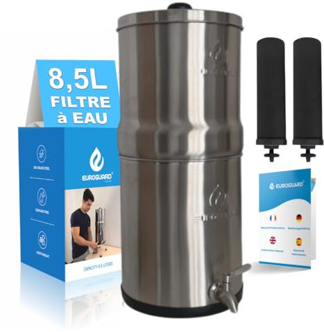 Euroguard filtre à gravité - Système de filtration d'eau en acier inoxydable 304, 8,5 L, 2 filtres à charbon actif, robinet 100% inox (Argent Mat)