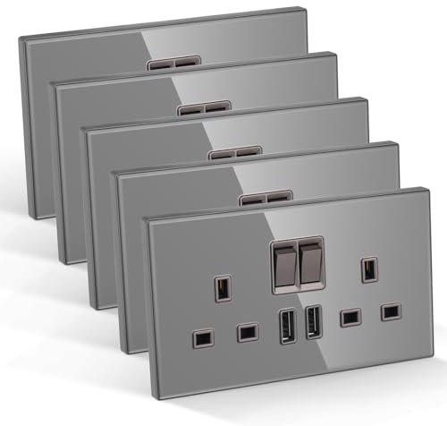 CNBINGO Double Switched Socket with 2 USB-A Ports, Electric Power Sockets 2 Gang 13 Amp, Grey Tempered Glass Panel Wall Outlet, 5 Pack