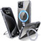 Flyzoo Magnetic Kickstand Case for iPhone 15 Pro Max, [Compatible with MagSafe & Invisible Ring Stand Holder] [Non-Yellowing & Shockproof] Clear Transparent Hard Silicone Edge Cover, 6.7'', Clear