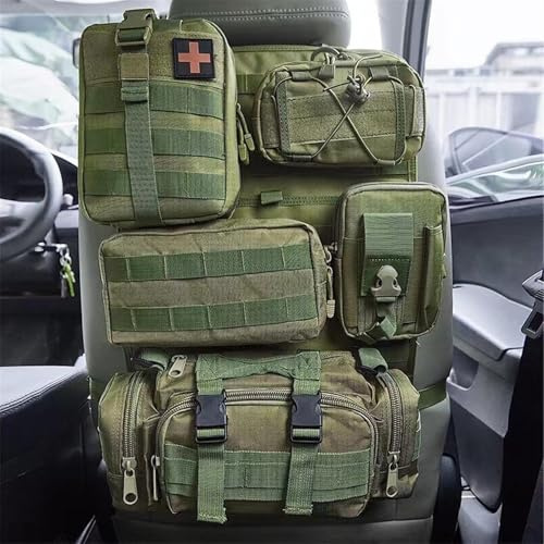 HUGDSB Universeller Autositz-Rücken-Organizer, Fahrzeug-Molle-Panel-Organizer, Aufbewahrungstasche mit 5 abnehmbaren Molle-Taschen for Jeep, LKW, SUV, Auto(Army Green)