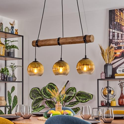 HOFSTEIN Pendelleuchte Koyoto, 3-flammige Hängelampe aus Metall/Holz/Riffelglas in Schwarz/Natur/Gold/Klar, Hängeleuchte Boho m. Glasschirmen, Holzbalken, max 150 cm, E27, Esszimmer, Wohnzimmer, Küche