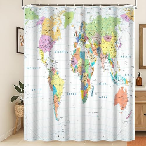 Xiaoterna Mapa del mundo cortina de ducha colorido mapa náutico océano cortina de baño costera blanca océano cortina de ducha para baño máquina lavable tela impermeable 120x180cm