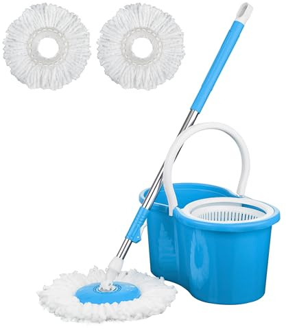 Crystals 360° Spin Floor Mop and Bucket Set - Microfibre Mop with Bucket and Wringer System - 2 Mop Heads - Spin Mop for Home Cleaning - Floor Cleaning Mop Set for Tile, Wood, and Marble Floors - BLUE