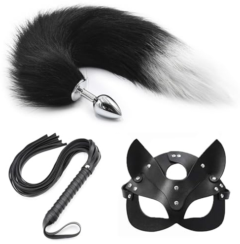 Analplug set Fuchsmaske Plüschschwanz Anal Plug Metall Anal Halbe Katzenmaske Party Sexy Lederpeitsche für Erwachsene Damen Ledermantel Cosplay Erotik Toys