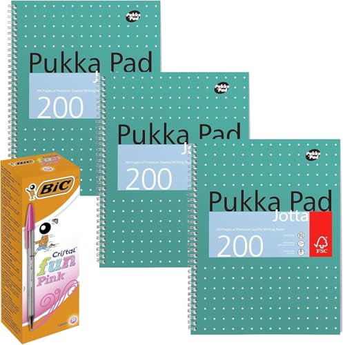 BIC Cristal Fun Lot de 20 stylos à bille avec encre rose, pointe pointue de 1,6 mm et bloc-notes A4 métallique Jotta à spirale, lignes de 8 mm, papier 80 g/m² pour étudiants et projets créatifs