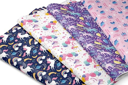 AIM & GGKK Einhorn Geschenkpapier,8 Blatt 50 x 70 cm Einhorn Geburtstags Geschenkpapier Einhorn Regenbogen Geschenkpapier Mädchen Lila Geschenkpapier