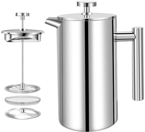 Yiyai Caffettiera French Press, 1000 ml caffè americano macchina, caffettiera isolata in acciaio inox con filtro a 3 stadi, sistema a doppio isolamento, facile da pulire, per casa, viaggi e campeggio