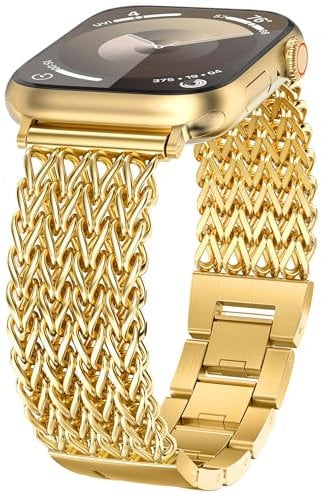 TOYOUTHS Compatible with Apple Watch Straps 42/44/45/46/49mm Women Dressy Stainless Steel Metal Gold Chain Strap Designer Link Bracelet for iWatch Band Series 10 9 8 7 6 5 4 3 2 1 Ultra SE, Gold