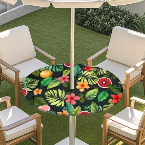 Chickwin Outdoor Runde Tischdecke Wasserdicht mit Sonnenschirm Loch und Reißverschluss, 3D Sommer Tropische Früchte Druck Elastischer Tischdecke für Terrasse Party BBQ (Grapefruit,78-89cm)