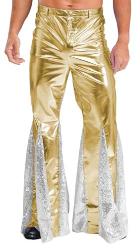 Riismen Men's Shiny Metallic Disco Bell Bottoms Long Pants Retro Flared for Dance & Party Gold L