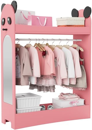 Hironpal Kids Wardrobe with Mirror Baby Wardrobe, Open Hanging Children Dress Up Storage with Storage Shelf for Bedroom Kids Clothes Rail (Panda, No Drawer, pink)